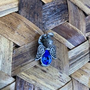 l. razza Blue Rhinestone Pewter Silver Angel Engraved 1" x .75" Brooch Pin